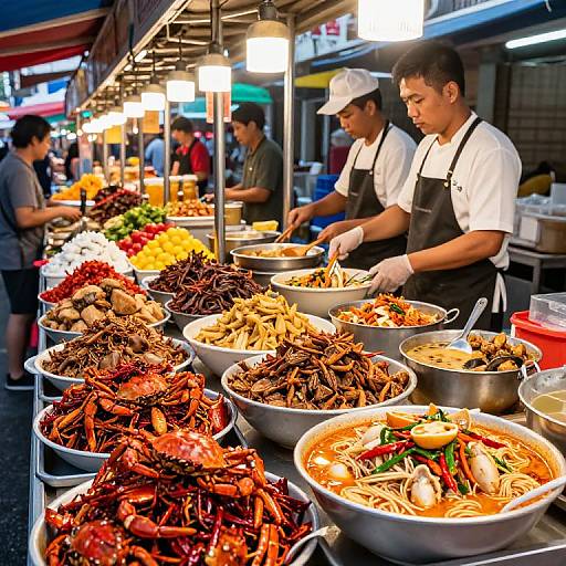 Photograph of a bustling street food market stall with two Asian male chefs in white shirts and black aprons serving a variety of colorful, steaming seafood