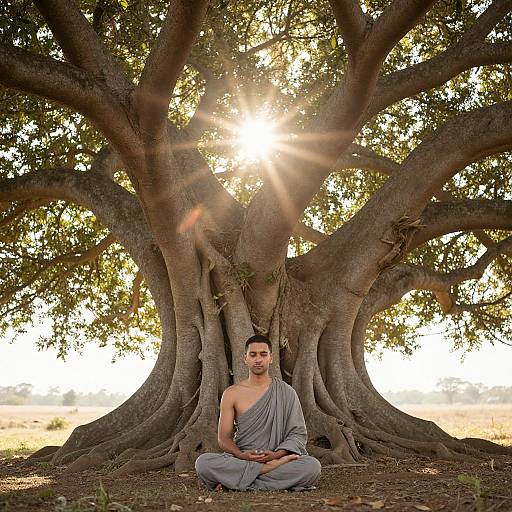 Photograph of a shirtless, smiling man with brown skin and short black hair, sitting cross-legged in grey robes, beneath a large, sunlit