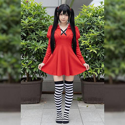 Photograph of an Asian woman with long black pigtails, wearing a red dress, black cross necklace, and black-and-white striped thigh-high socks