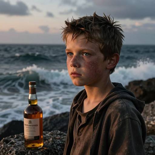 Photograph of a young boy with messy blonde hair, bruised face, and brown hoodie, standing by a rocky beach, with a bottle of whiskey