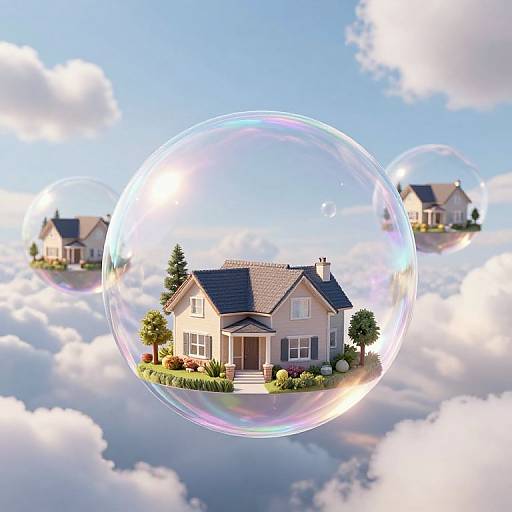 Photograph of a suburban house with a blue roof, surrounded by greenery, encased in a large, iridescent bubble, floating in a