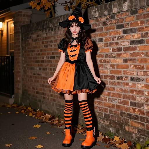 Photograph of a young woman in a Halloween witch costume: black hat with orange flowers, orange-black dress, striped orange-black stockings, orange boots,
