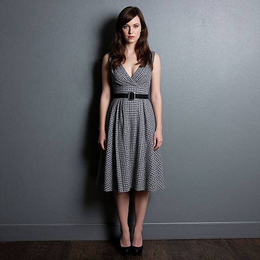 Photograph of a young woman with fair skin and dark brown hair, wearing a black-and-white checkered sleeveless dress with a belted waist,