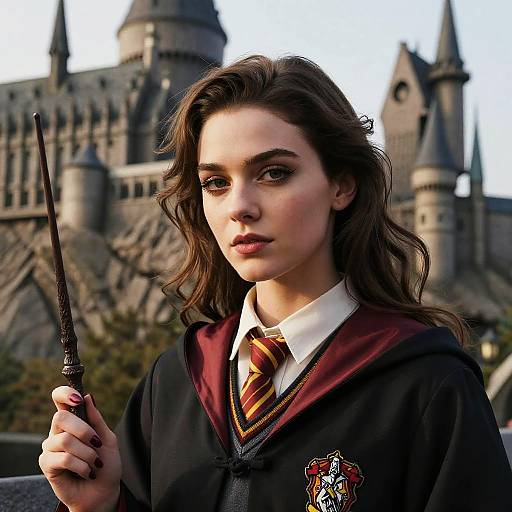 Photorealistic digital image of a young woman with wavy brown hair, wearing a Hogwarts school uniform, holding a wand, in front of Hogwarts Castle
