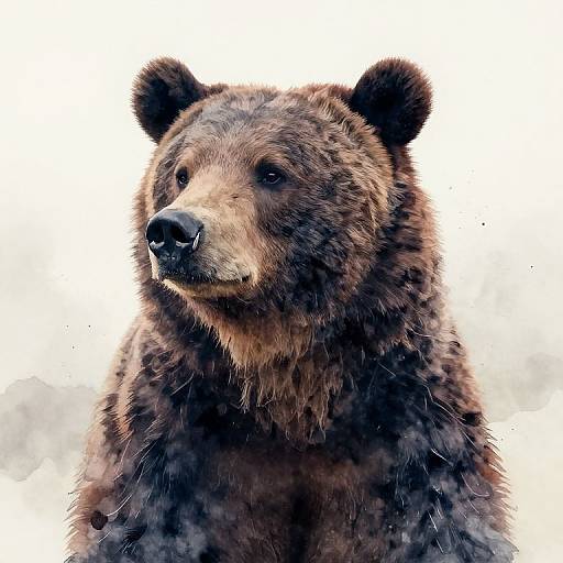Photograph of a large, brown grizzly bear with dense fur, dark eyes, and a slightly open mouth, standing against a bright white background.