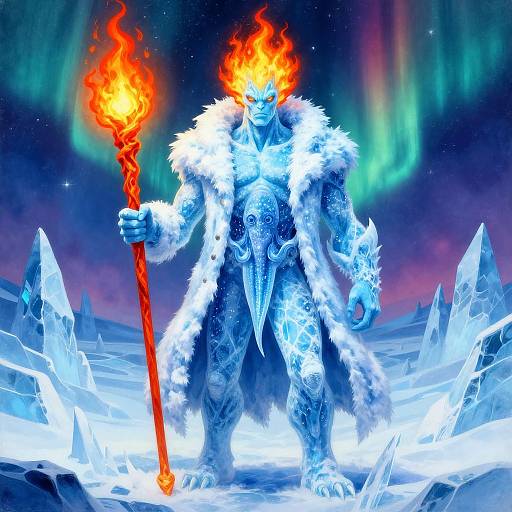 Digital artwork of a blue, muscular ice demon with flaming head, holding a fiery staff, standing amidst ice crystals under a colorful aurora.