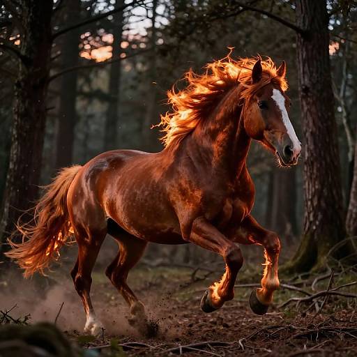 Photograph of a fiery red horse with a white blaze, galloping through a dark, dense forest at sunset, mane and tail ablaze with