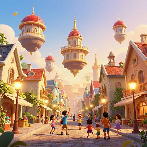 Vibrant digital illustration of a whimsical, fairy-tale street with floating red-domed towers, colorful buildings, and children playing in the sunlight