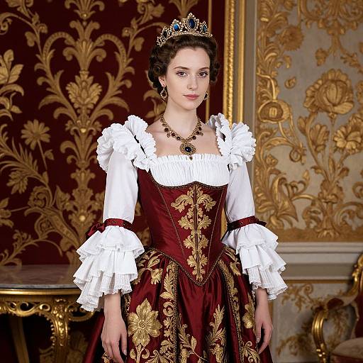 Photograph of a young woman in a regal, Victorian-style dress with white ruffled sleeves, deep burgundy fabric, gold embroidery, and a