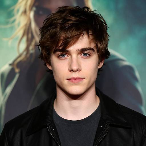 Photograph of a young man with tousled brown hair, blue eyes, and fair skin, wearing a black shirt, against a blurred, green-ton