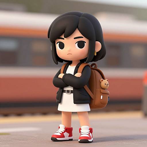 Digital 3D chibi-style girl with black hair, white dress, red sneakers, black jacket, brown backpack with teddy bear, arms crossed