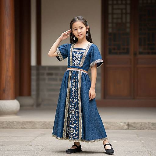 Photograph of an Asian girl with long black hair, wearing a blue embroidered dress, black shoes, standing in front of traditional wooden doors.