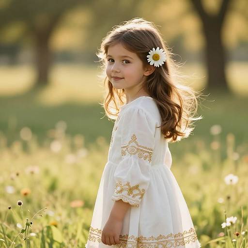 Photograph of a young girl with long brown hair, wearing a white dress with gold embroidery, a daisy in her hair, standing in a sun