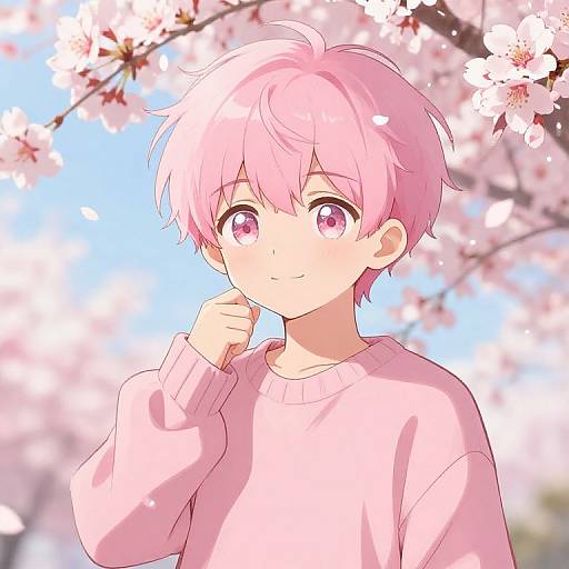 Anime-style digital drawing of a cute, pink-haired boy with pink eyes, wearing a pink sweater, under cherry blossom trees.