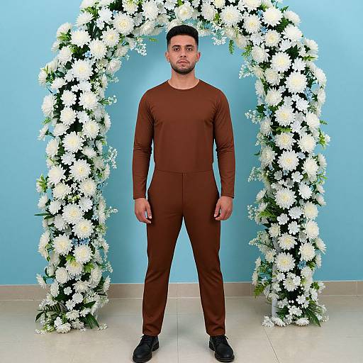 Photograph of a bearded man in brown long-sleeve suit and black shoes, standing in front of a white floral arch against a light blue