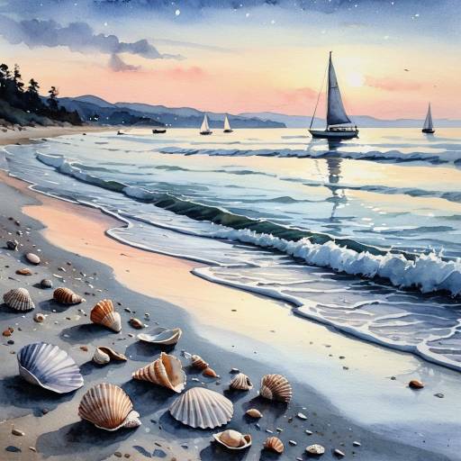 Calm Beach at Dusk with Sailboats
