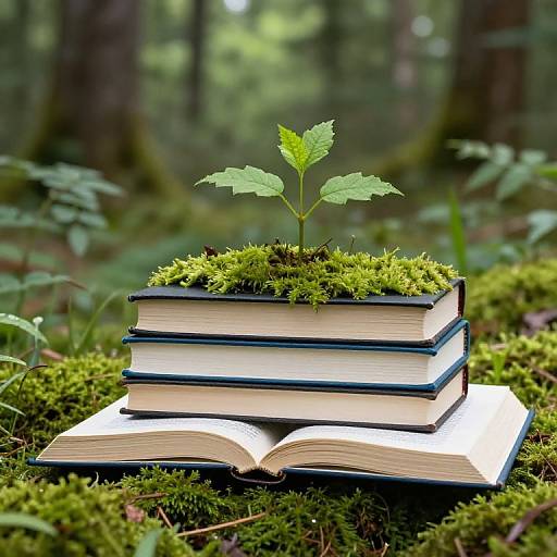 Photograph of three stacked books with moss and a small green plant sprouting from the top, set in a forest.