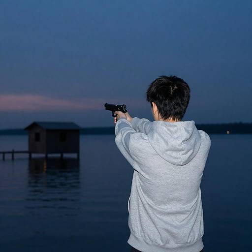 Person in Gray Hoodie Holding Handgun at Lake Dusk