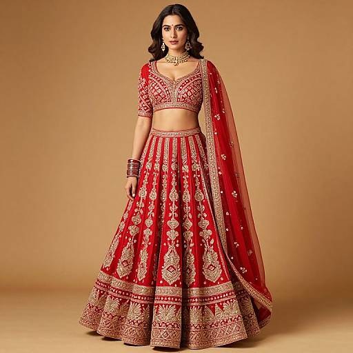 Photograph of a woman in a red traditional Indian lehenga set with gold embroidery, cropped top, and choker, standing against a beige background.
