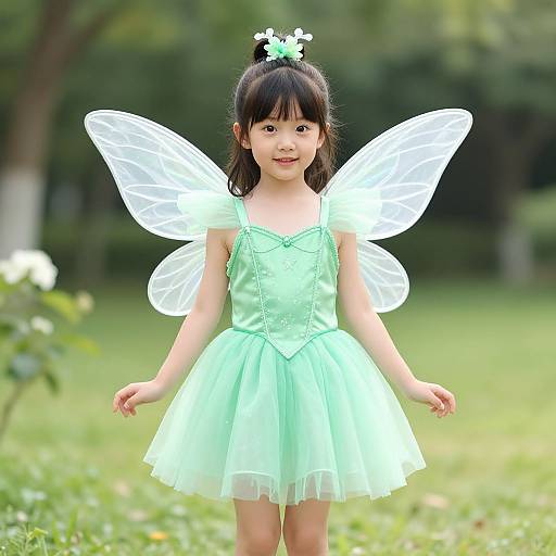 Photograph of an Asian girl with black hair in a bun, wearing a mint green fairy dress and translucent wings, standing in a green, sunlit