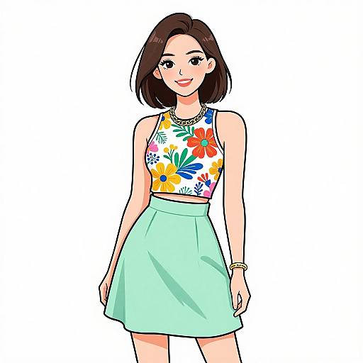 Smiling Woman in Vibrant Floral Outfit