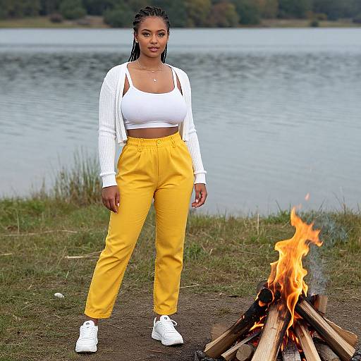 Woman by Campfire at Lake