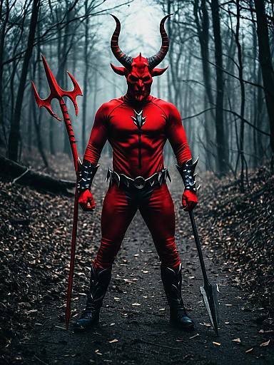 Man in Red Devil Costume with Horns and Trident