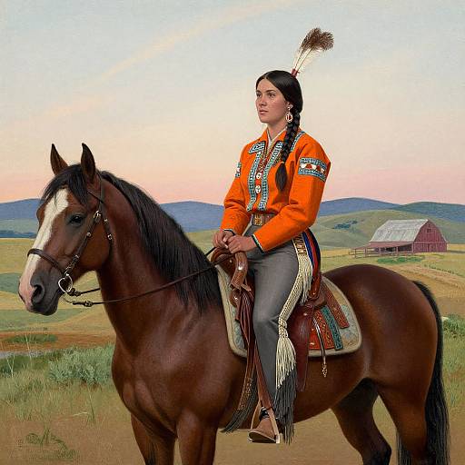 Photograph of a Native American woman with dark hair in an orange traditional jacket, riding a brown horse in a rural field with a red barn and sunset