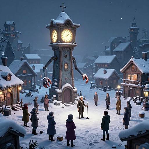 Surreal Cyberpunk Snowy Clock Tower