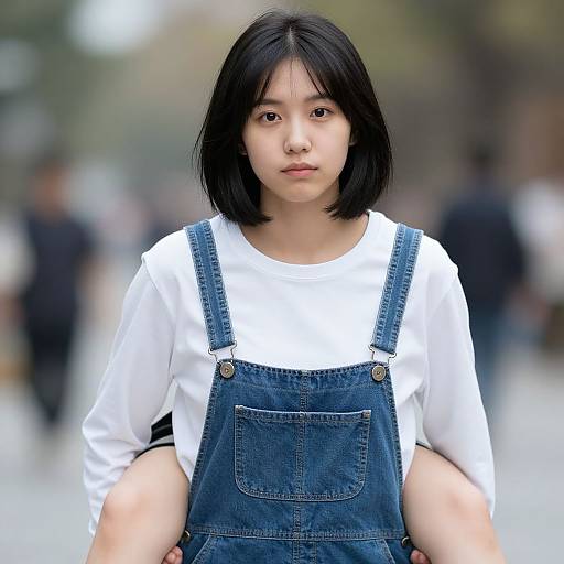 Photograph of an East Asian woman with black shoulder-length hair, wearing a white shirt and blue denim overalls, standing in a blurred urban background,