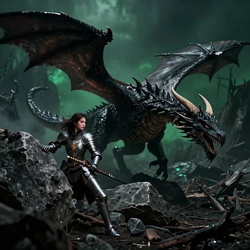 Digital fantasy artwork: Dark-haired warrior in shiny black armor stands confidently beside a fierce, black-scaled dragon with glowing yellow horns in a rocky, green