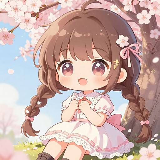Adorable chibi anime girl with brown pigtails, pink bow, white dress, and star hairpin, sitting under cherry blossom tree, bright