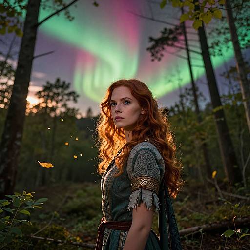 Photograph of a red-haired woman with wavy hair, wearing a medieval-style dress, standing in a forest at night with vibrant green and purple Northern