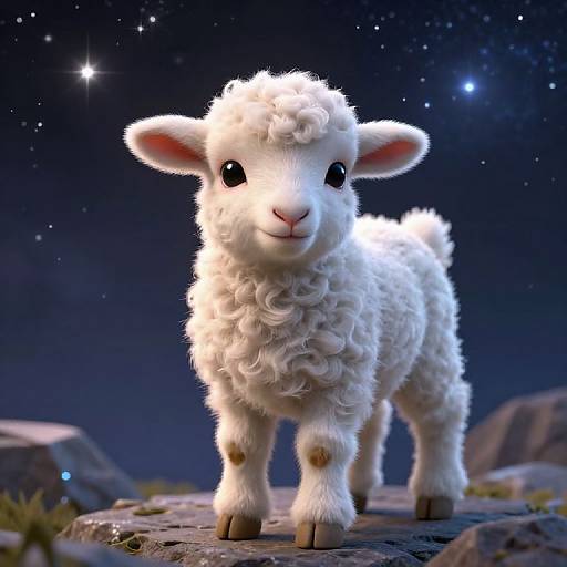 CGI image of a cute, fluffy white lamb with curly wool, standing on a rocky surface under a starry night sky.