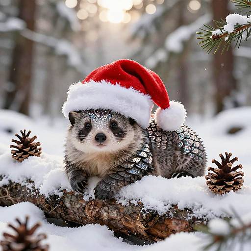 Photograph of an adorable hedgehog wearing a red Santa hat, nestled in snow-covered pine branches, with blurred forest background.