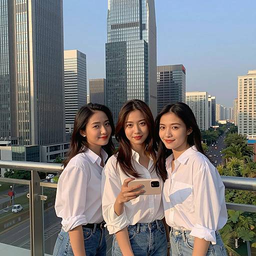 Three young women taking selfie on city balcony