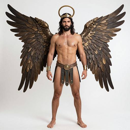 Photograph of a muscular, bearded man with dark brown wings, golden halo, black loincloth, and gold bracelets, standing against a white