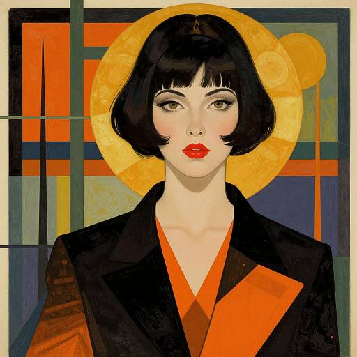 Digital art of an Asian woman with black bob haircut, red lips, golden halo, black suit, and orange accents, set against geometric patterns.