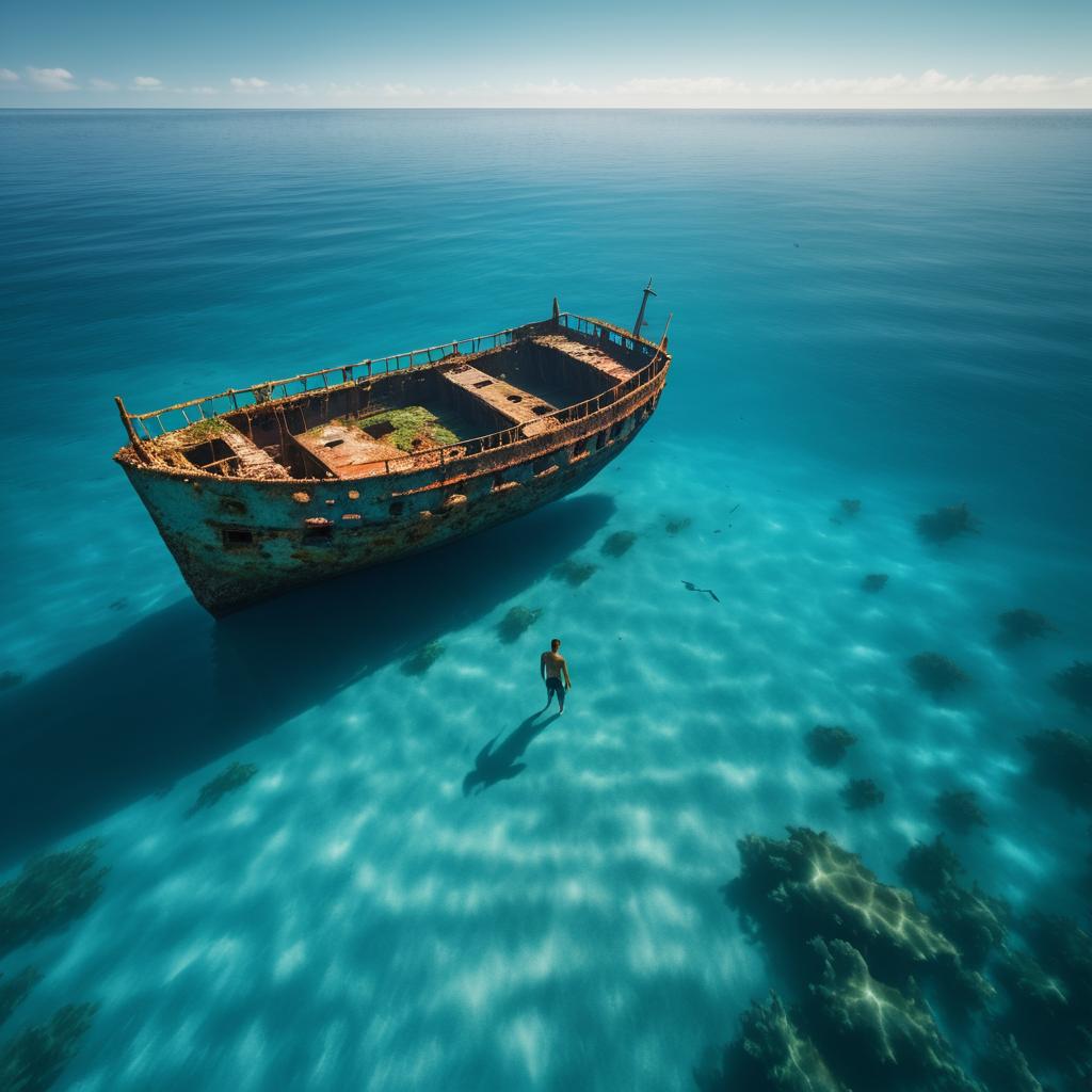 Lone Swimmer Amid Sunken Ship Beauty