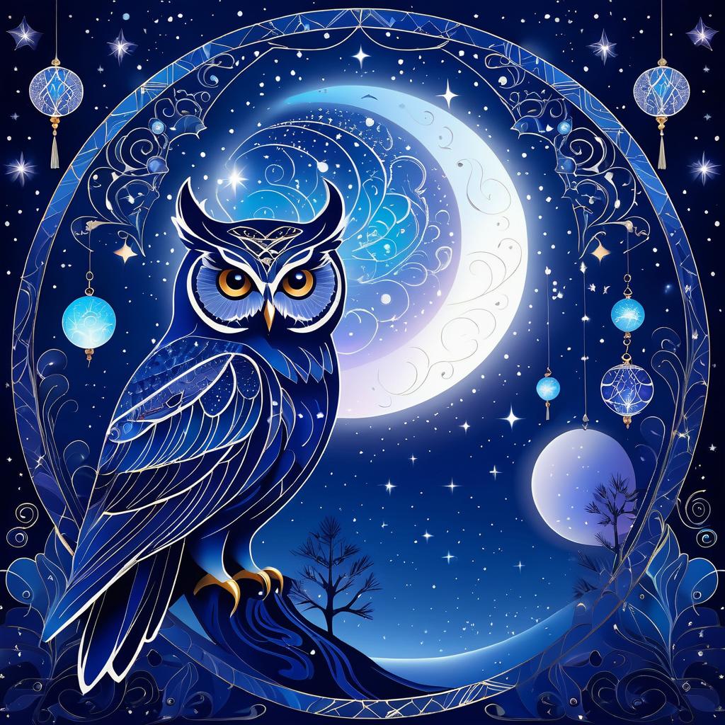 Celestial Owl Among Moons and Stars