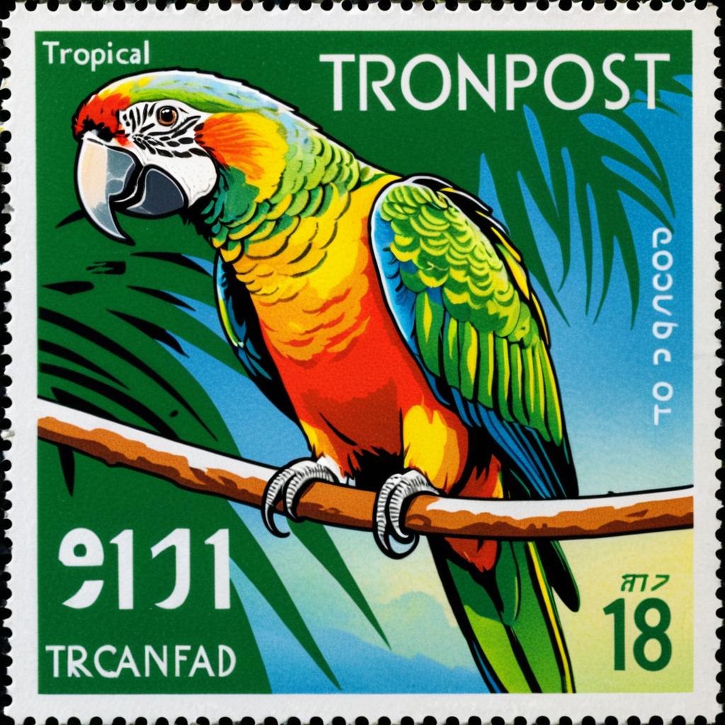 Cheerful Parrot on Tropical Stamp