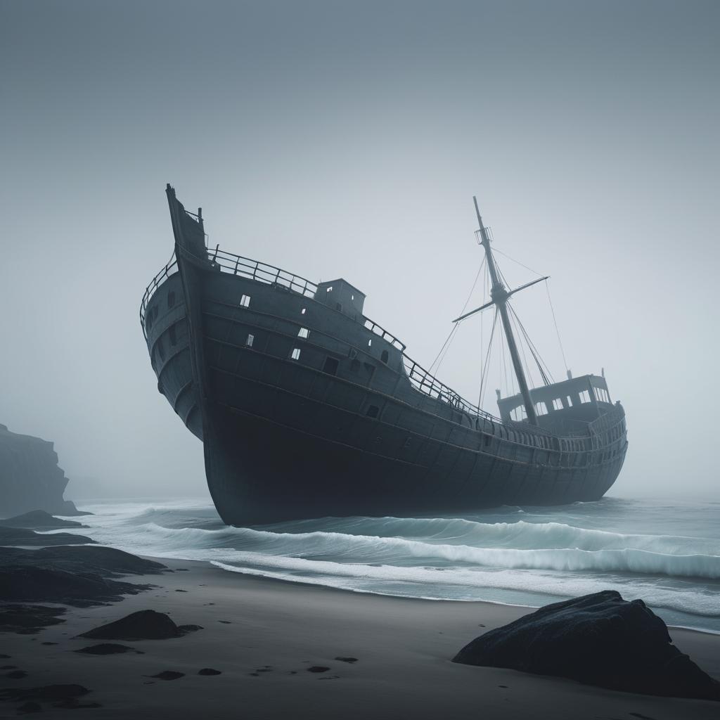 Eerie Ghost Shipwreck on Foggy Shore