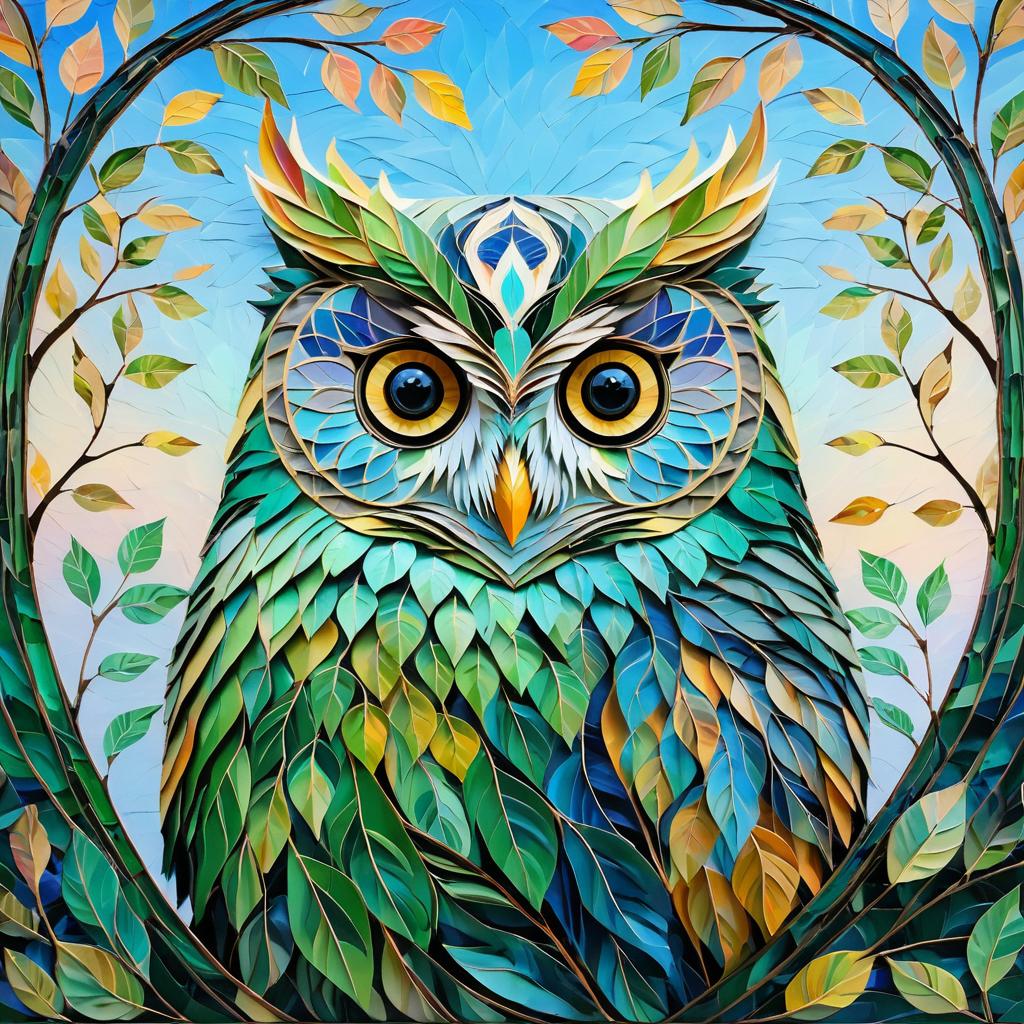 Serene Owl Art in Pastel Leaves