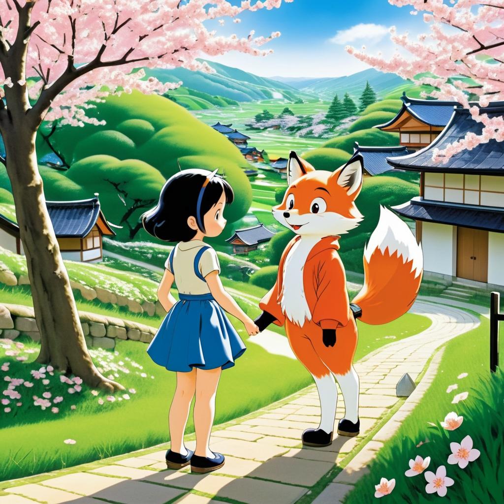 Curious Fox and Kind Girl in Blooming Village