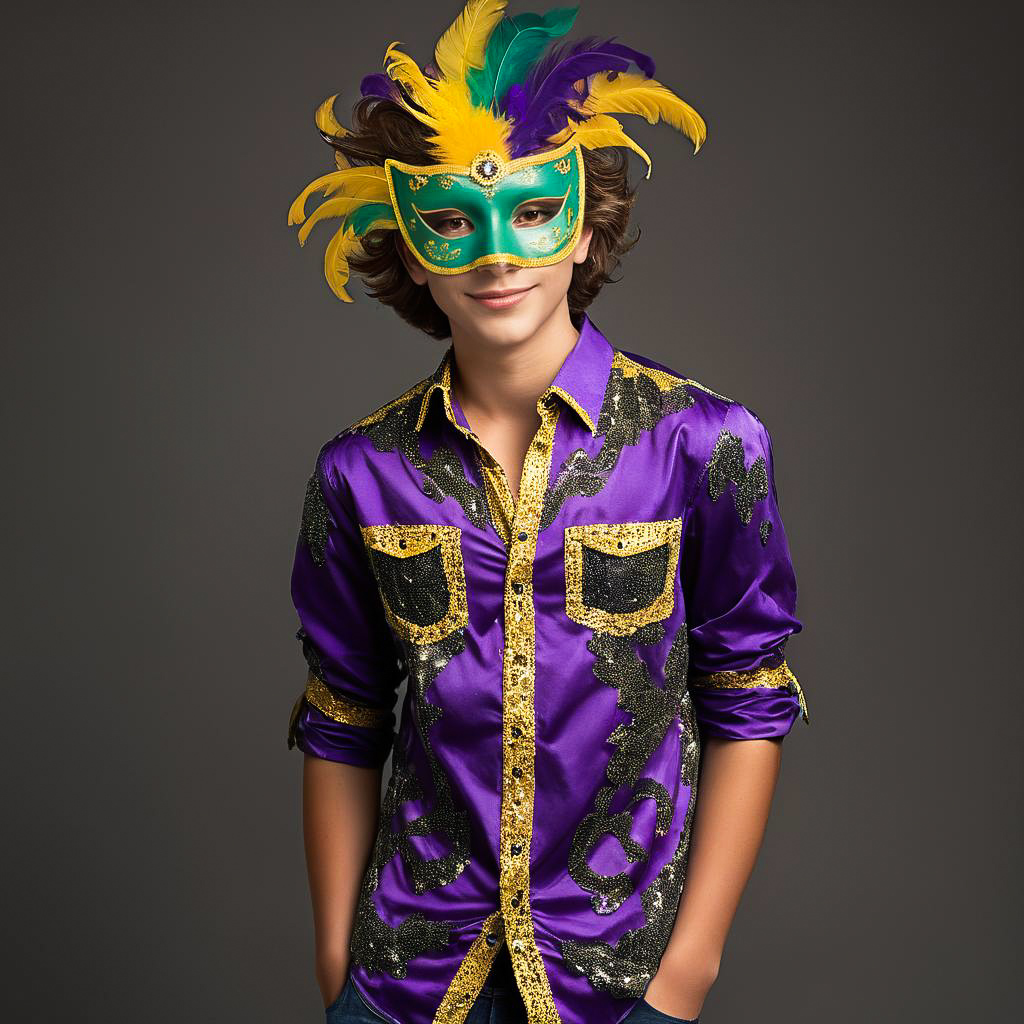 Cheerful Teen in Colorful Mardi Gras Attire