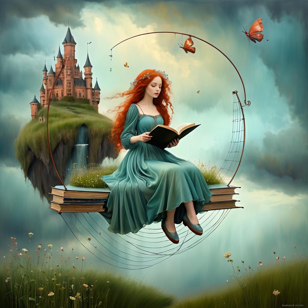 Surreal Girl Reading Among the Clouds