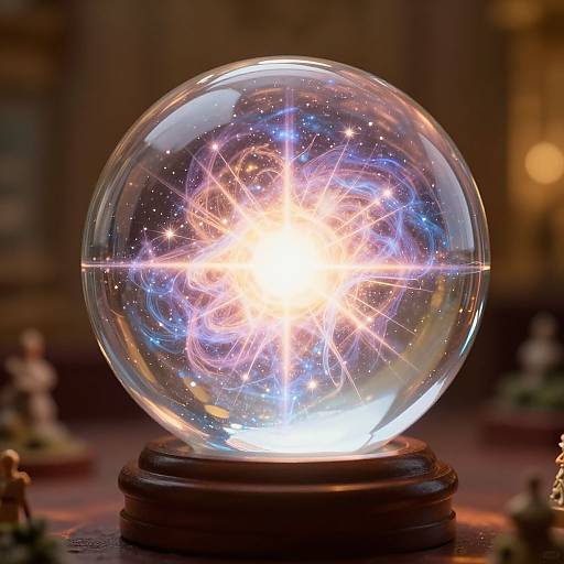 Photograph of a glowing, crystal snow globe with a radiant, starburst-like light inside, displayed on a wooden base, surrounded by blurred chess pieces