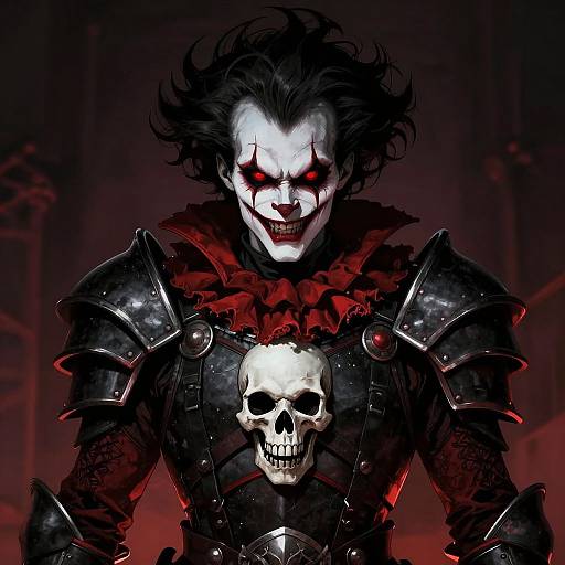 Digital art of a menacing, white-faced, red-eyed character with wild black hair, wearing black armored chestplate with skull motif, against red and black
