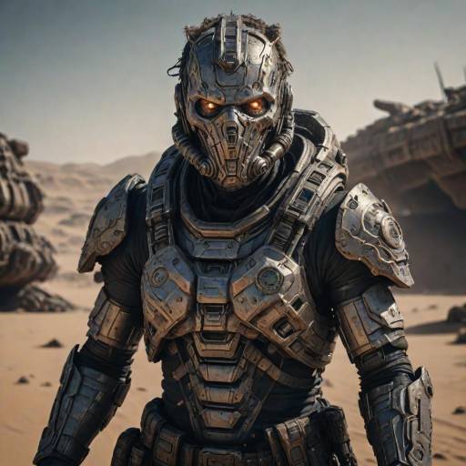 Photorealistic CGI of a muscular, bearded man in detailed, futuristic armor standing in a desert with alien structures in the background.
