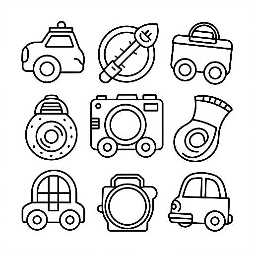 Black and white line drawing of twelve simplistic, stylized vehicle icons arranged in a 3x4 grid, featuring cars, trucks, and cameras.